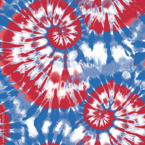 Bild auf Leinwand Vibrant red white and blue tie dye pattern with spiral designs