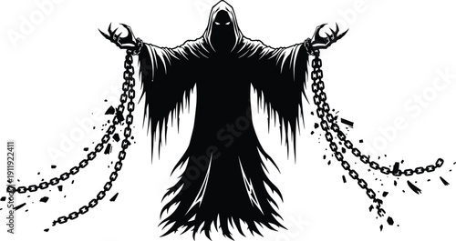 Spooky Halloween Grim Reaper Silhouette Featuring Hooded Ghost with Broken Chains for Horror Party Decor and Scary Gothic Invitation Designs, cad drawing flat vector illustration