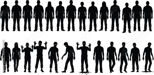 Large set of creepy zombie silhouettes and undead human figures in various scary poses for horror movies, Halloween party posters, and spooky graphic design projects.
