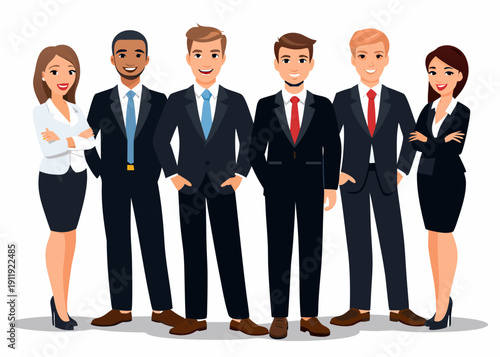 Diverse group of business professionals standing together in formal attire