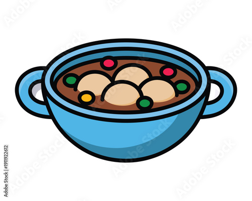 A cartoon illustration of a blue bowl filled with chocolate dessert and colorful candy