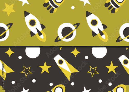 Seamless space pattern set with rockets planets and stars on yellow and dark backgrounds.
