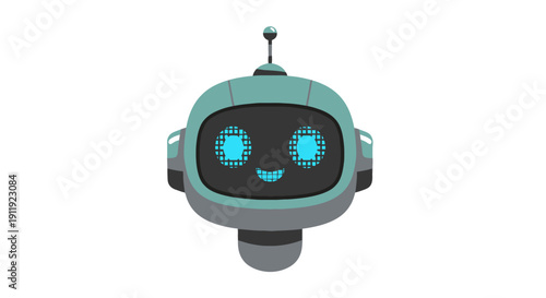 A friendly robot with a smiling face and antenna is standing alone