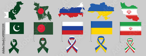 National Identity Collection Featuring Maps, Flags, and Awareness Ribbons for Pakistan, Bangladesh, Russia, Ukraine, and Iran.
