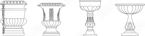 Technical vector illustrations of architectural elements including acanthus scroll borders, ornate urns, classical window frames, and Oriental murals.