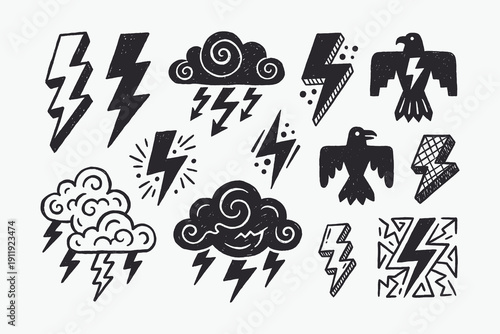 Bilde på lerret Doodle Vector Set of Hand-Drawn Lightning Bolts, Clouds, and Thunderbird Icons