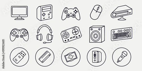 Collection of line art icons representing computer hardware, gaming accessories, and audio equipment for digital use