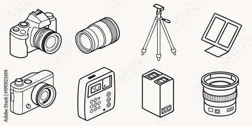 Isometric line art concept illustrating essential photography equipment, a versatile collection of camera gear, lenses, and accessories for visual creation and professional content