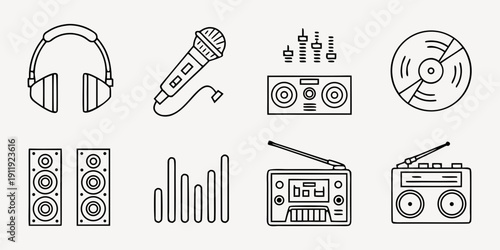 Modern line art vector icons for audio equipment and sound devices, featuring headphones, microphones, speakers, radios, and sound equalizers, for diverse design projects
