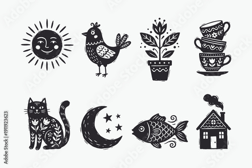 Scandinavian Folk Art Icon Set: Woodcut Style Collection of Sun, Animals, and Home Elements