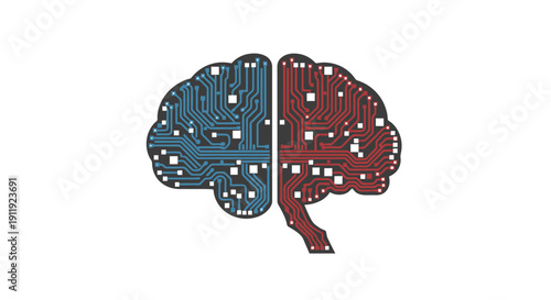 Illustration of a human brain divided into blue and red halves with circuit board patterns and white dots