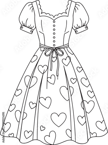 Black and white line of a dirndl dress with hearts heart pattern line black and white fashion