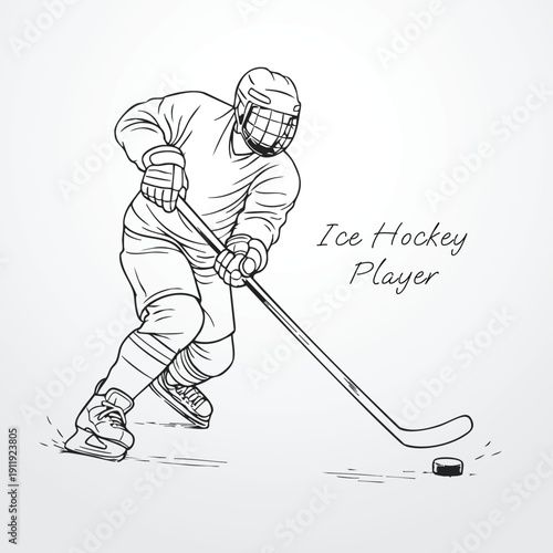 Ice hockey player vector illustration line art outline male athlete skating action stick puck sport fitness winter game tournament graphic design minimalist modern scalable athletic