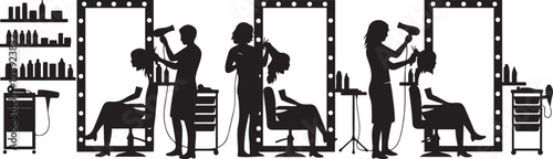 Black and white silhouette of people getting hair cut and styled at salon hair salon haircut
