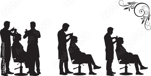 Black silhouettes of people getting haircuts from barbers white background