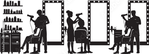 Black and white silhouette of people getting hair cut and styled at salon hair salon mirrors