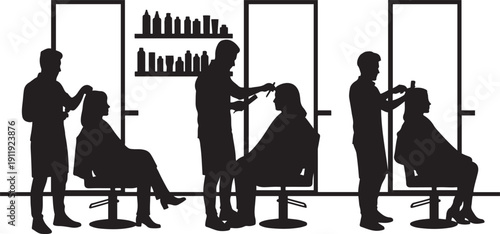 Black silhouettes of people getting haircuts in a salon barber barbershop beauty salon hairstyle