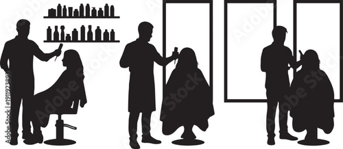 Black silhouettes of people getting haircuts in a salon barber stylist customer