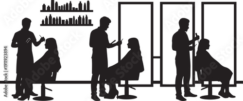 Black silhouettes of people getting haircuts in a salon