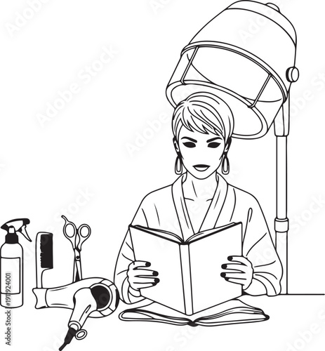 Woman reading book under hair dryer in salon