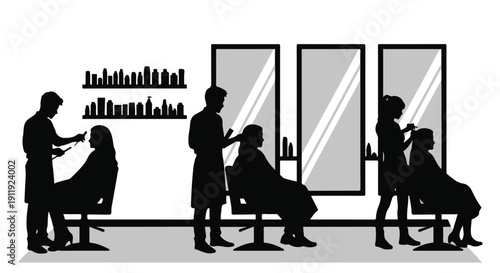 Silhouette of people getting haircut in salon with city skyline and mirrors barber stylist
