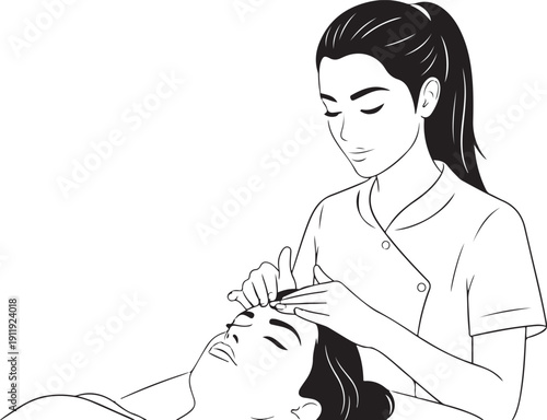 Woman receiving eyebrow treatment from technician woman lying down black and white beauty treatment facial care