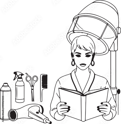 Woman reading book under hair dryer with beauty tools