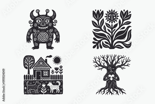 Folk Art Linocut Style Vector Illustrations Set with Nature, Myth, and Village Scenes