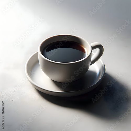  A small ceramic cup filled with black coffee, placed on a simple white saucer, soft lighting, neutral background
