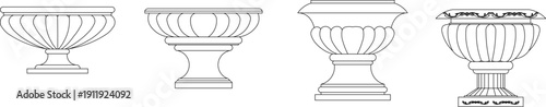 Technical vector illustrations of architectural elements including acanthus scroll borders, ornate urns, classical window frames, and Oriental murals.