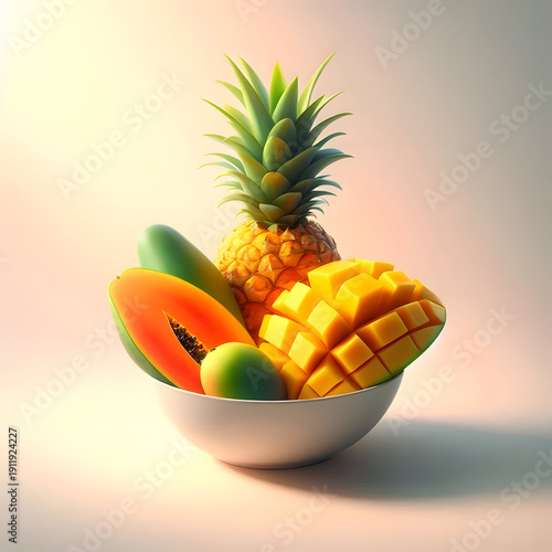  Slices of vibrant tropical fruits like pineapple and mango, neatly arranged in a simple white bowl, placed on a soft pastel background
