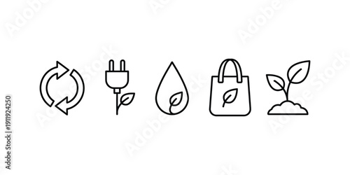 Sustainable Eco Icons Set Recycle, Energy, Water, Shopping, Nature, Green Living Symbols