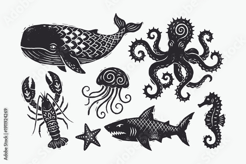 Vintage Woodcut Style Graphic Set of Marine Animals Including Whale, Octopus, and Shark