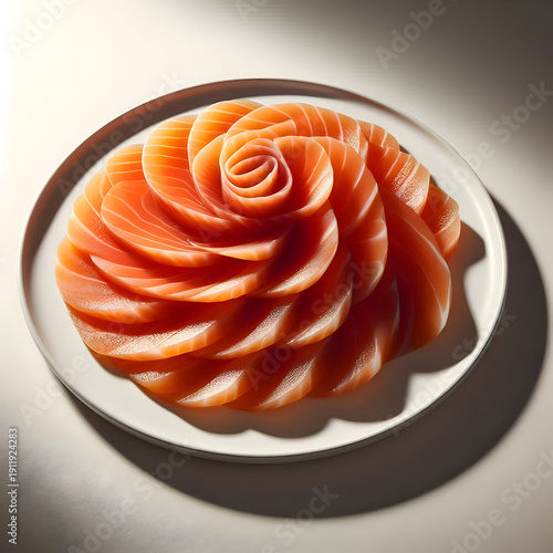 Thin slices of smoked salmon arranged neatly on a white plate, soft shadows, minimal neutral background