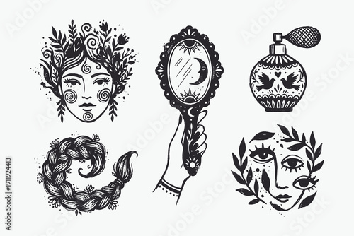 Hand-Drawn Mystical Feminine and Beauty Icons Set in Engraving Style