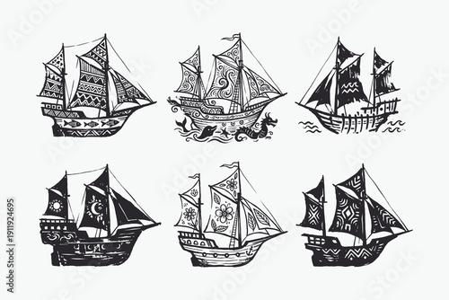 Set of Six Hand-Drawn Vintage Nautical Sailing Ships with Decorative Tribal Patterns
