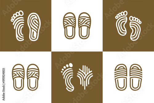 Icon Set Vector of 6 Minimalist Footwear and Footprint Icons for Spa Wellness or Travel