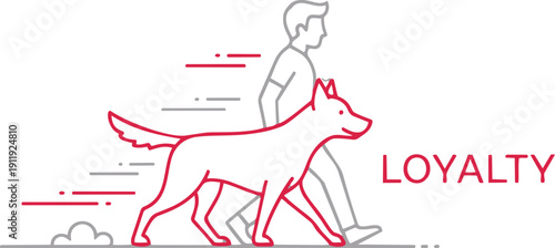 A dog and its owner walking together in a line art style illustration