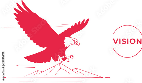 A red eagle flying over a mountain with vision text in a circle logo