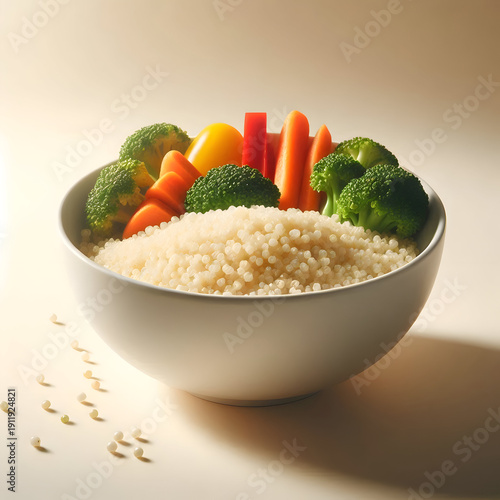 A clean white bowl filled with quinoa and steamed vegetables, placed against a soft beige background, minimalist food styling