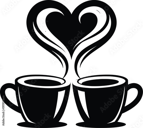 Black and White Vector Illustration of Two Coffee Cups with Heart-Shaped Steam