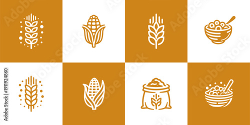 Icon Set Vector of 8 Grain Cereal and Farming Harvest Products