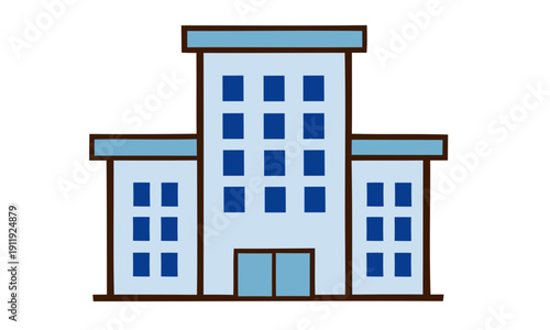 Minimalist illustration of a modern light blue building with multiple windows and doors, representing a corporate office or institutional structure