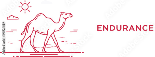 Obraz na plátně Pink line art camel walking in desert with sun and cloud endurance