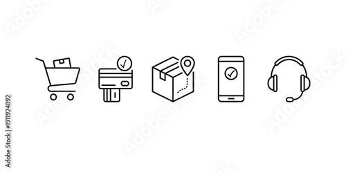 Ecommerce Shopping Icons Set Cart, Payment Card, Delivery Box, Mobile App, Headphone Support