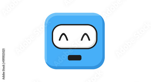 Simple Robot Icon with Blue Square Face and White Smile Displayed on Screen