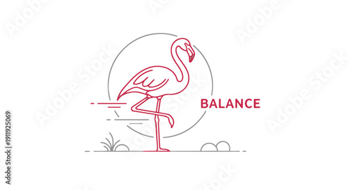 Pink flamingo standing on one leg in balance with circle logo
