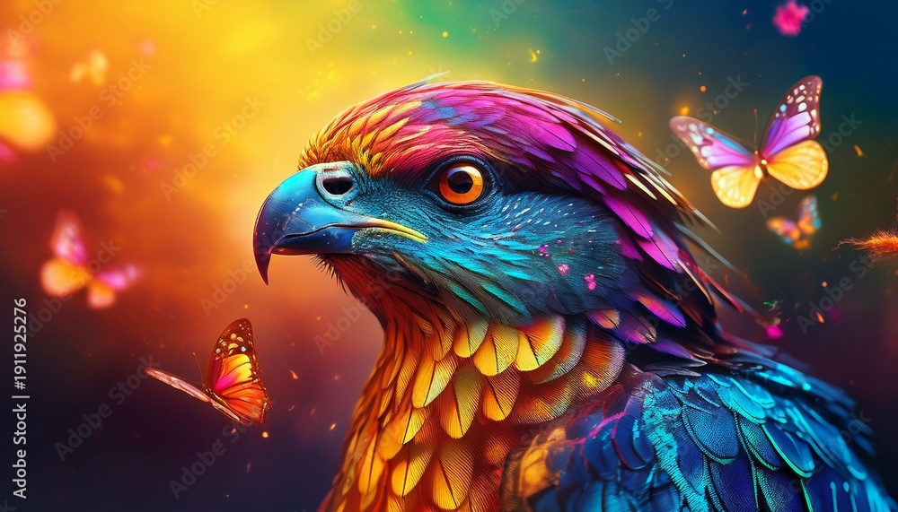 Fototapeta premium bird prey with vibrant butterfly its head