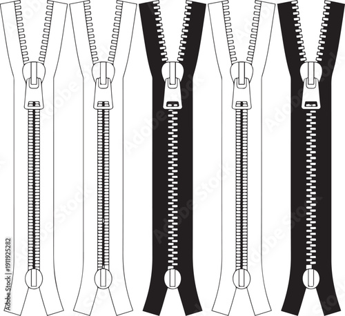Vector illustration of a set of metal zippers featuring open and closed fastener positions isolated on a white background for clothing textile and fashion sewing concepts