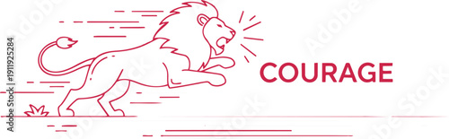 Pink lion running with courage text